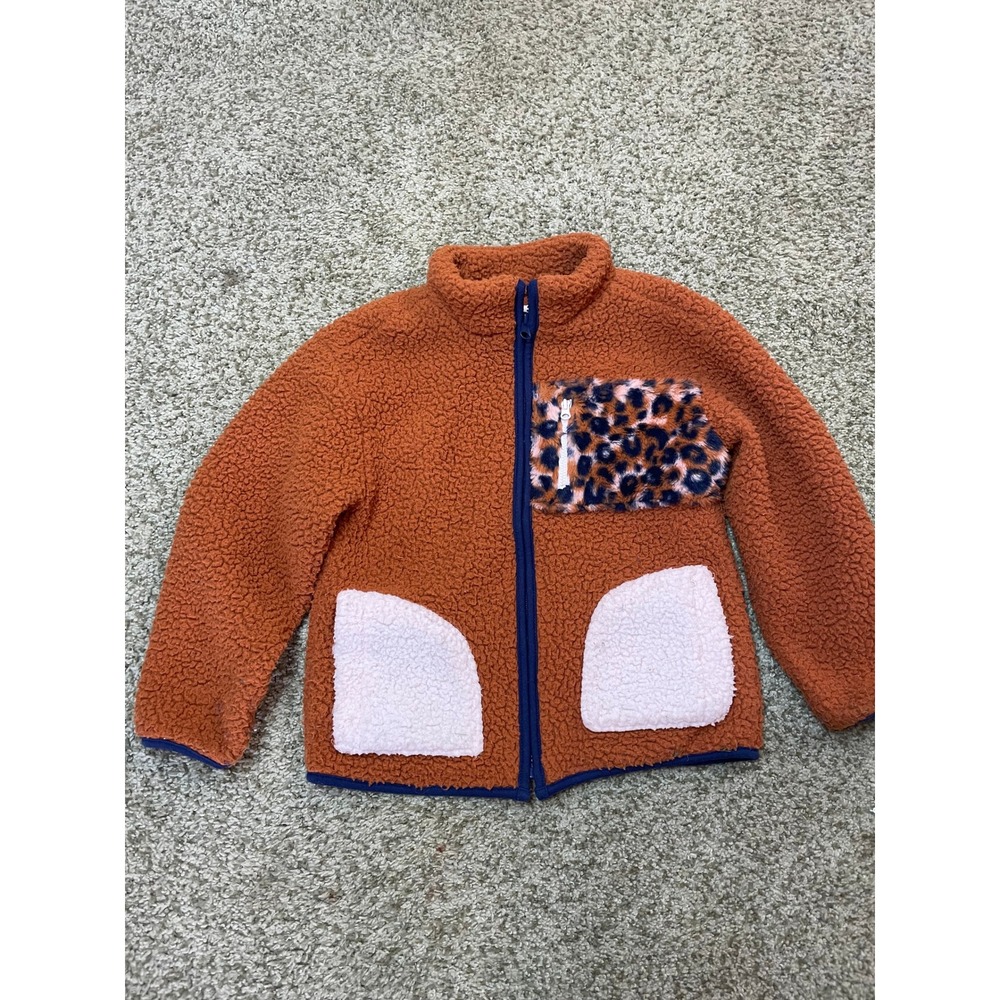 Cat & Jack Kids Sherpa Fleece Jacket Orange Leopard Retro Funky Size S 6/6X